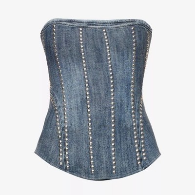 NWT Miaou Libra Stud Denim Jean Cotton Strapless Corset Bustier Top Duran Silver