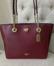 NWT Coach 57107 Turnlock Chain Pebble Leather Tote Shoulder Bag Deep Red / Gold