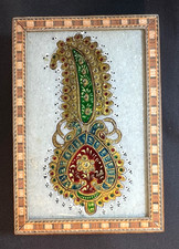 Vintage Handcrafted Leaf Meenakari Marble Art Inlaid Wood Trinket Box - Rare