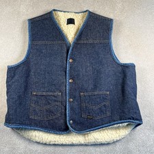 Vintage Roebucks Vest Blue Denim Sherpa Fleece Snap Western 70's Men's XL