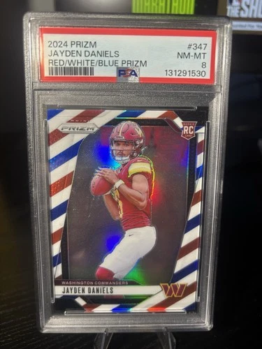 2024 Panini Prizm Rookies Jayden Daniels #347 Red White Blue Prizm (RC) PSA 8