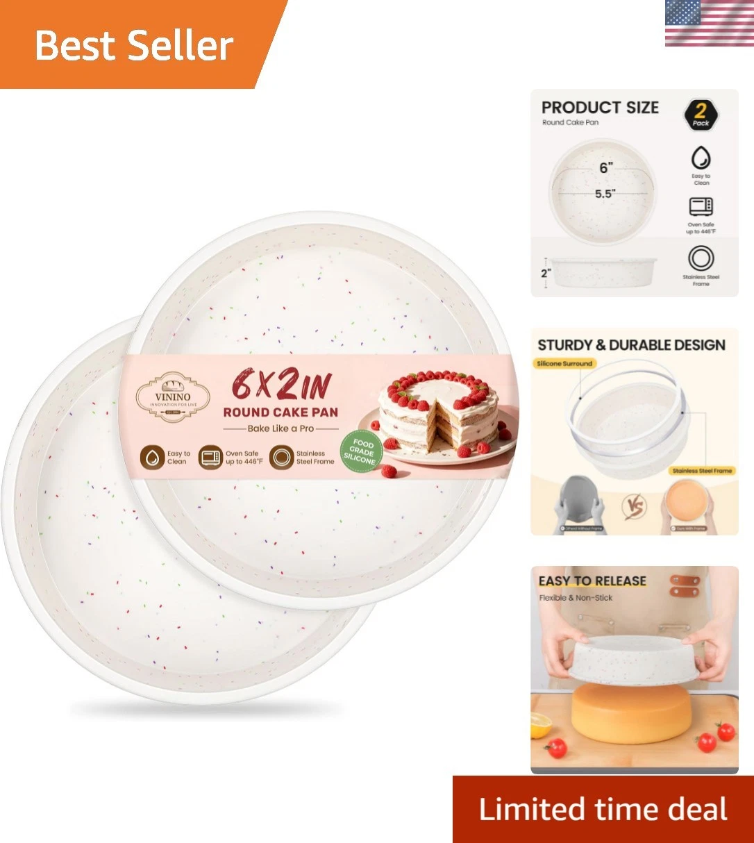 6 Inch Silicone Round Cake Pan with Metal Reinforced Frame Set of 2, Nonstick...