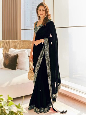 Black Georgette Dori Sequence Work Saree Lace Border Party Wedding Indian Sari