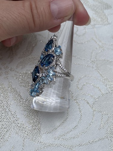 Gem Treasures Sterling 12.27ctw Multi Blue Topaz & White Zircon Elongated Ring - Picture 4 of 15