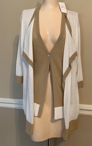 FOXCROFT Women's Clothing Light Knit Cardigan w/Vest Button White & Tan CLASSIC - Picture 2 of 18