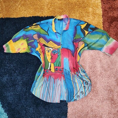 Dilemma Vintage 90s Shirt Painted Picasso Wearable Art Oversized Abstract Cotton