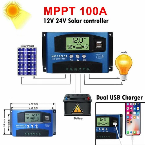 MPPT 100A Solar Panel Charge Controller 12V 24V Regulator Auto Dual LCD USB - Picture 2 of 11