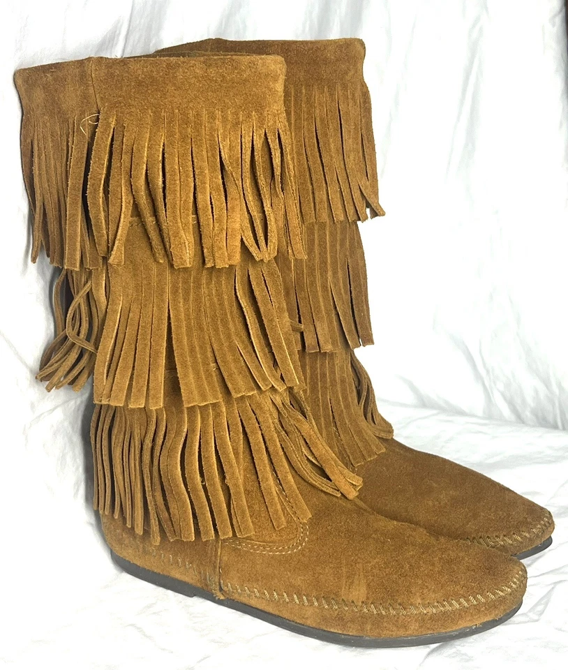 Minnetonka мокасины 3 слоя бахрома ботинки верблюда замши кожи Coachella размер 8 - Изображение 2 из 4