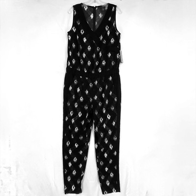 NYDJ Womens Size 8 Milly Printed Tuxedo Stripe Jumpsuit Black Woodblock Batik