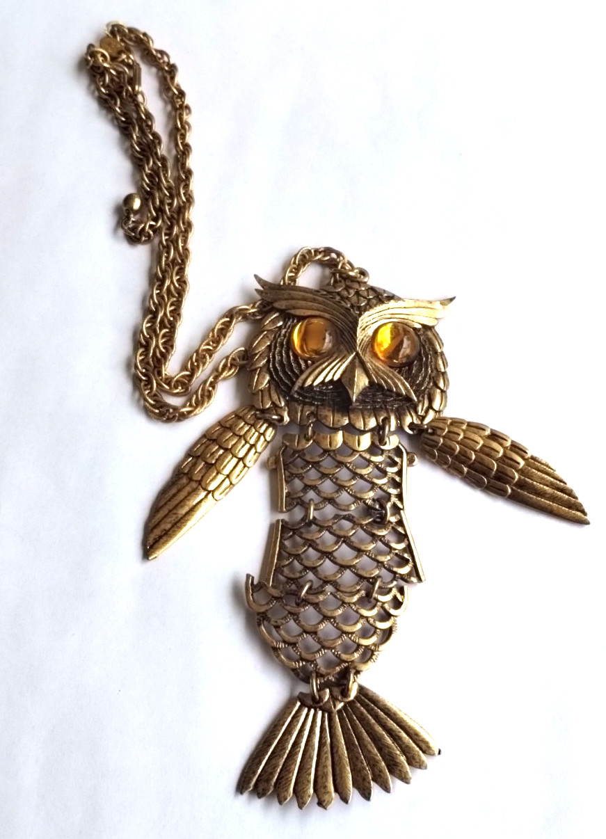 Vintage Park Lane Large Articulated Gold Tone Yellow Eyes Owl Pendant Necklace