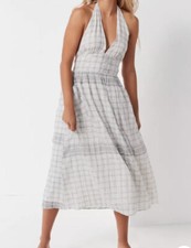 Urban Outfitters Backless Halter Midi Women Dress Plaid Pockets Smocked V Neck M