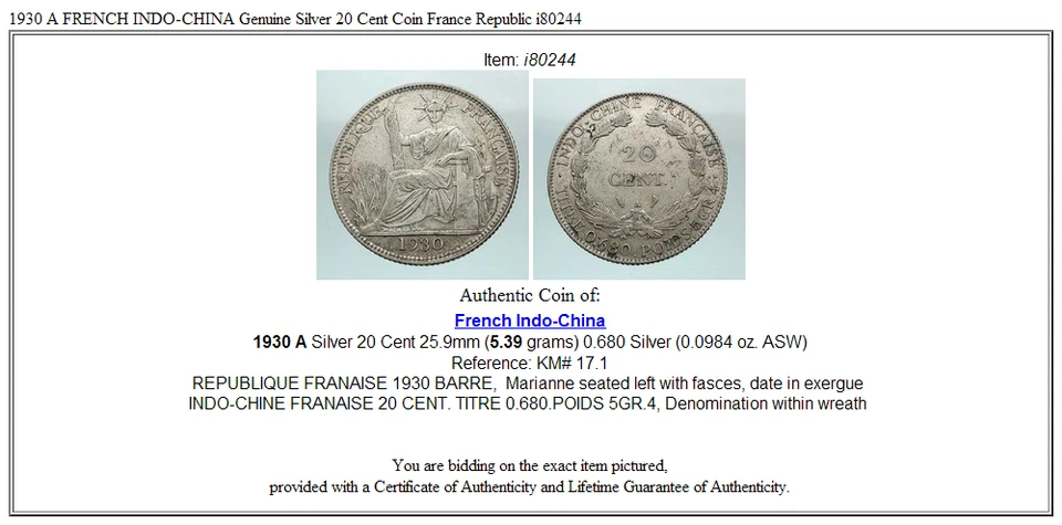 Moneda de 20 centavos de plata genuina 1930 A INDOCHINA FRANCESA República de Francia i80244 Foto 3 de 3