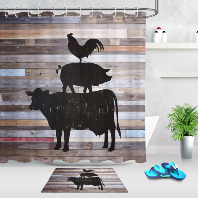 Rustic Wood Board Farm Cow Pig Rooster Shower Curtain Set ...
