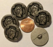 6 Flat Top Silver Tone Metal Shank Buttons 7/8" 23mm Roman? Ancient Bust 9605