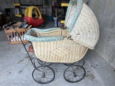 Antique Baby Carriage/Stroller- Victorian Wicker Wood And Steel