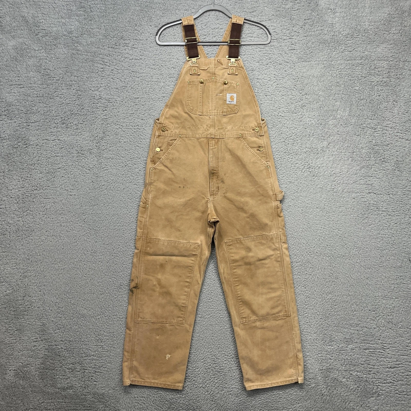 VTG Carhartt R01 Bib Overalls Mens 34x32 Brown Duck Canvas Double Knee Work USA