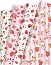 12 Sheets 20x28 Strawberry Wrapping Paper, Pink Bow Ice Berry Design, Girls