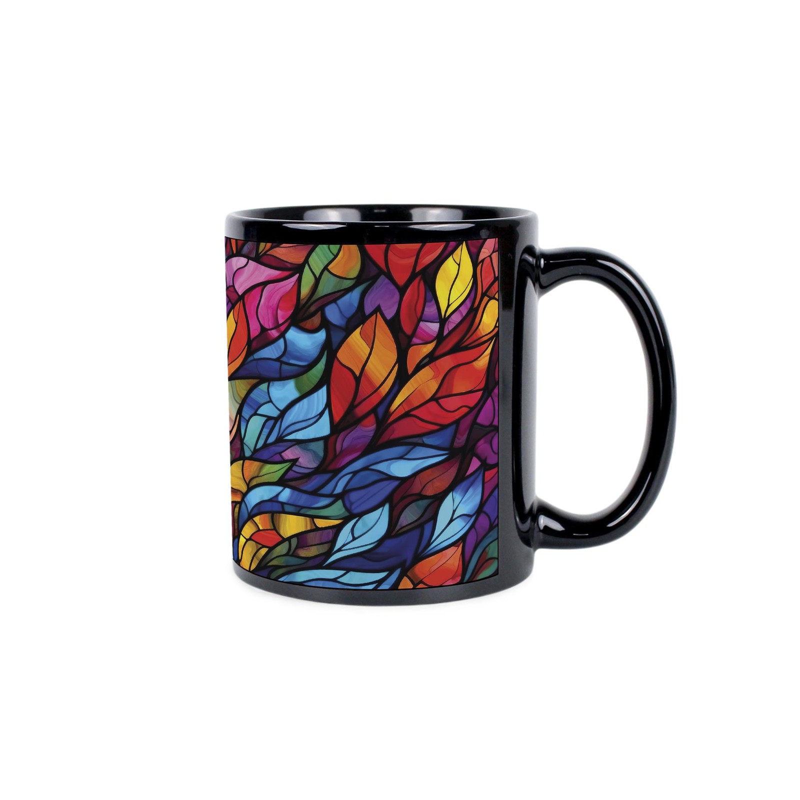 Stained Glass Patterned Black Mug - Ceramic Multicoloured Tea/Coffee Cup Gift
