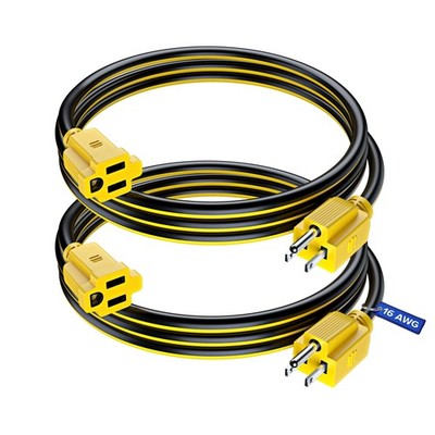 2 PCS 3 Ft Extension Cord 16 AWG 3Prong Compact Indoor Power Black Yellow