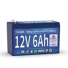 12V 6Ah Lithium Iron Phosphate Battery, Rechargeable LiFePo4 with 10 Years