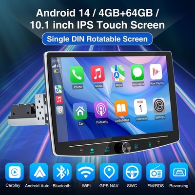 4+64G HeadUnit Single 1DIN Car Radio Stereo 10.1'' Android 14 CarPlay GPS BT SWC