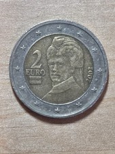 Austria 2-Euro coin, 2002. KM# 3089, Bimetallic. Bertha von Suttner. 1st map.