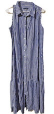Vintage Tommy Hilfiger Blue White Stripe Maxi Sleeveless Dress Collared Size 12