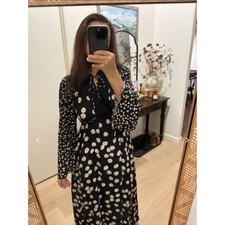 RIXO Anela Tie Neck Midi Dress Black Daisy Floral UK10/US6