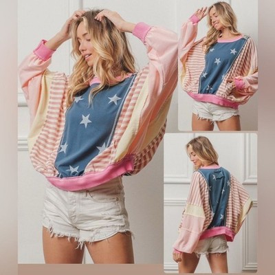 BiBi Stars & Stripes Pink Yellow Blue Dolman Sleeve Sweatshirt XL/XXL Patchwork