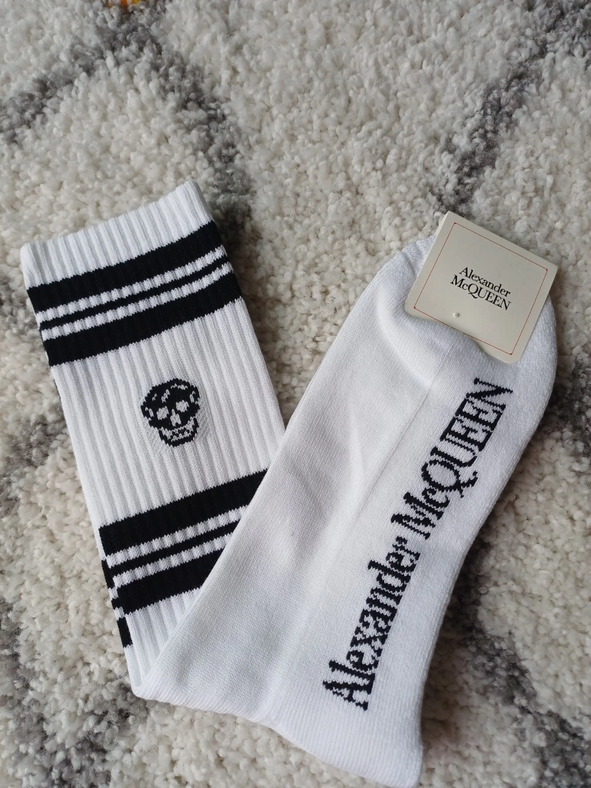 Alexander McQueen White Varsity Logo Socks Made in Italy Mens Large Black Skull
