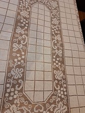 Tovaglia vintage in pizzo filetto annodato a mano smerlata 92x55 rettangolare grande