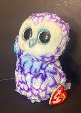 TY BEANIE BOOS Oscar Owl 2015 Blue Purple Plush Glitter Eyes, Beak and Feet NWT