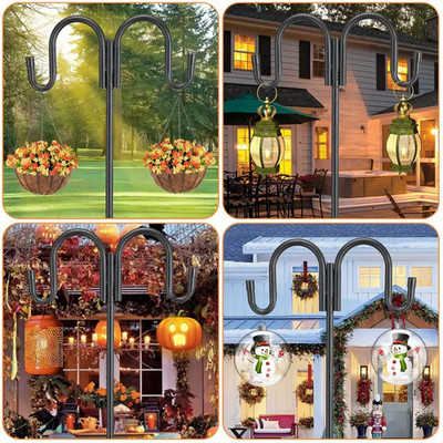80'' High pole with Two Shepherd Hooks hanging flower basket 5 prongs bird feeder