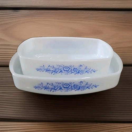 Vintage Federal Milk Glass  Casserole Dishes Blue Roses Flowers 9 1/2×5 &11×7