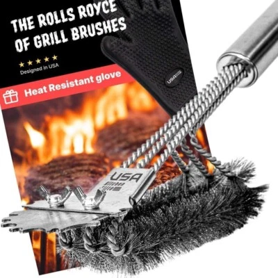 USA KITCHEN ELITE The Rolls Royce of Grill Brushes Stainless Steel BBQ Durable Double Scraper