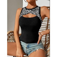 Leopard Cutout Round Neck Tank