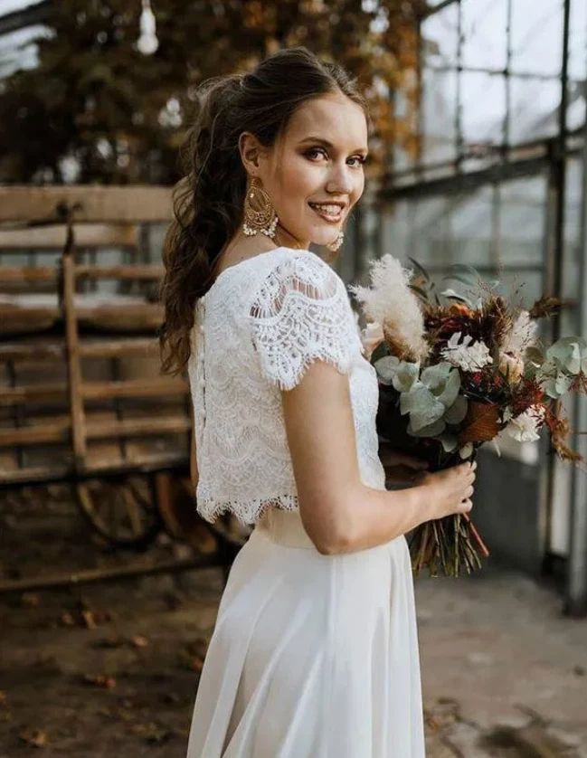 Two Piece Bohemian Wedding Dresses A Line High Low Lace Chiffon Boho Beach Brida - Image 2 of 4