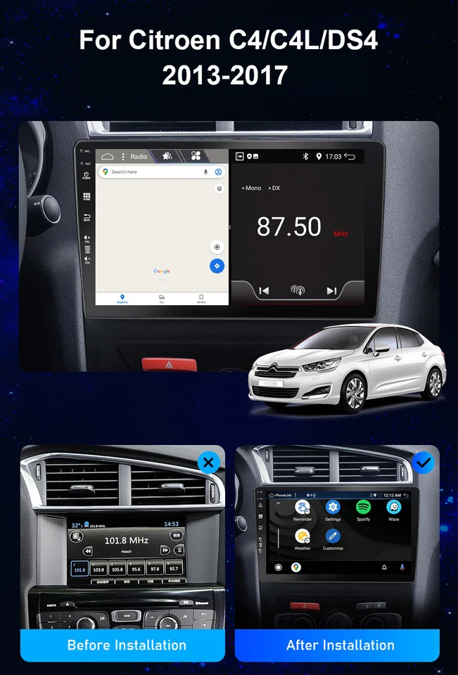 Autoradio Carplay Car Stereo GPS Navi Android14 Per Citroen C4/C4L/DS4 2013-2017 - Immagine 2 di 4