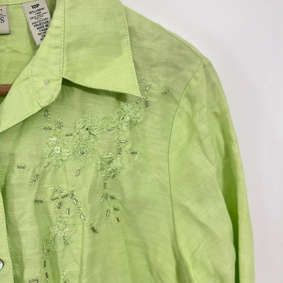 Classic Elements Womens Shirt Size 10P Green Beaded Sequin Linen Blend - Image 3 of 4