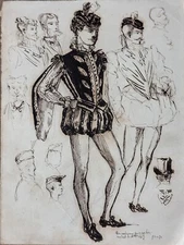 Drawing Antique Feather Portrait D' Man Page Fashion Costume St.Deveria Alf. Of