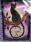 CDA Large Mesh Stamped Cross Stitch Clock - Black Violet - Cat on Branch Clock