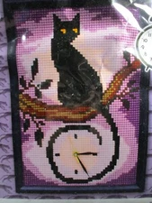 CDA Large Mesh Stamped Cross Stitch Clock - Black Violet - Cat on Branch Clock