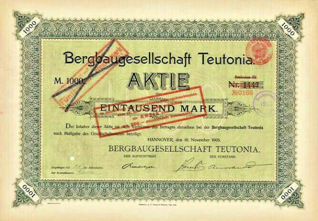 Bergbaugesellschaft Teutonia Hannover historische Aktie 1905 Kali + Salz Chemie