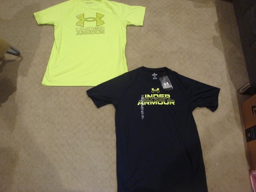 Lot of 2 NWT Under Armour Youth Black Yellow Performance Shirt Top XL