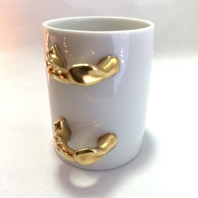 Fitz And Floyd Japan white coffee mug/cup gold tone handles 6oz