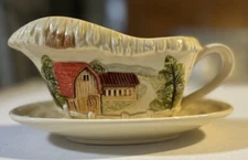 Vintage M&R Japan Gravy Boat On Oblong Plate Barn Trees Winding Road Crazing