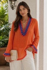 Tory Burch Samba  Cotton Blue Embroidery Fringe Trim V Neck Slit Tunic Sz. 6