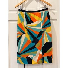 Worthington Geo Print Midi Pencil Skirt Sz 6 Teal Yellow Retro 60s Mod Full Zip