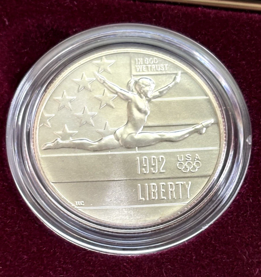 1992 Olympic Baseball Commemorative Silver Dollar + Clad 50c Pc Gymnastics - Image 3 of 4