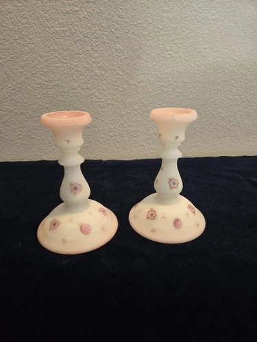 Fenton Art Glass Opal Berries & Blossoms  Candlestick Set Handpainted